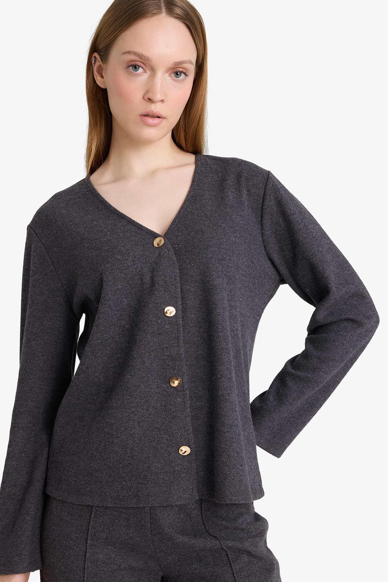 DeFacto Grey Woman Regular Fit V-Neck Pique Cardigan Casual - Image 1